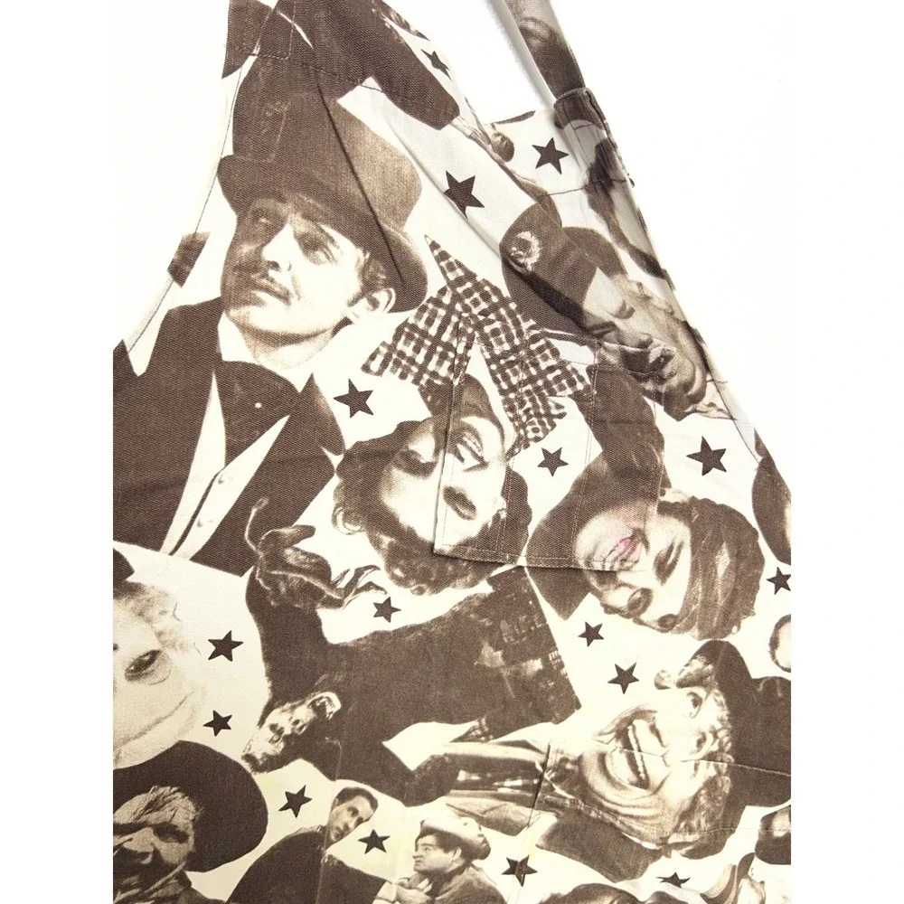 Vintage Hollywood Movie Star Collage Print Bib Apron Brown White Stars‎ Pocket